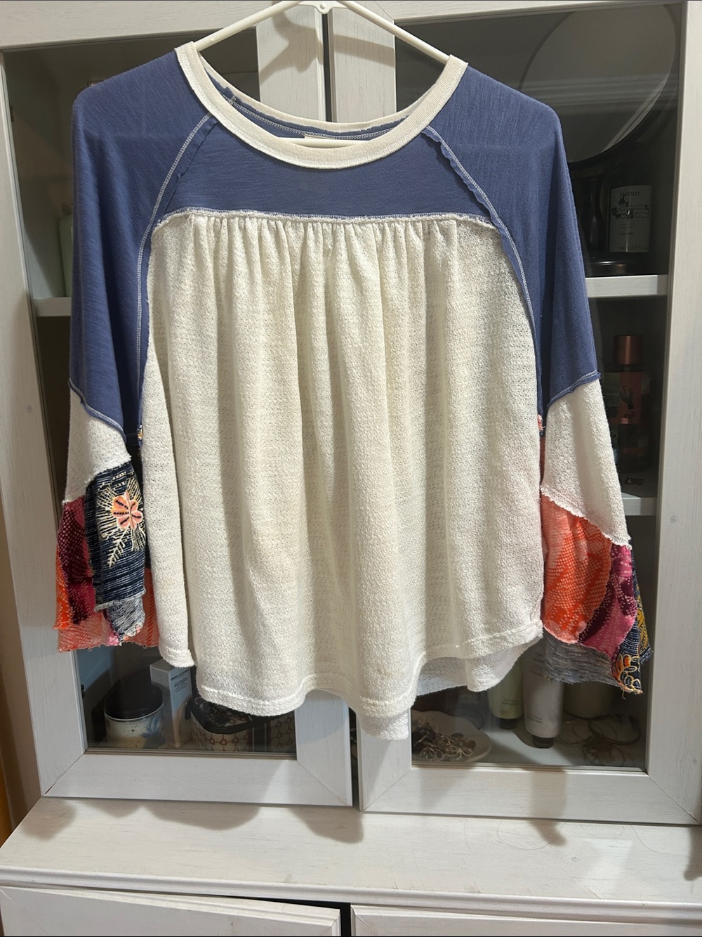 We The Free Boho Colorblock Peasant Top - Cream and Navy